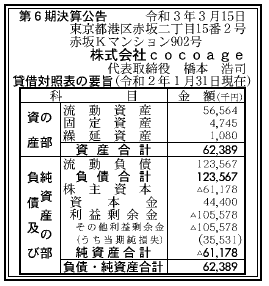 株式会社cocoage 第6期決算公告  　2021/03/15官報