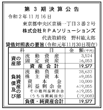 株式会社RPAソリューションズ　第3期決算公告 2020/11/16官報