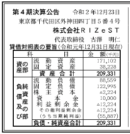 株式会社RIZeST 第4期決算公告  　2020/12/23官報