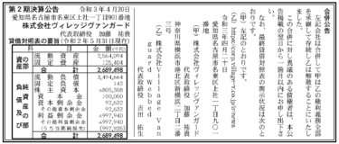 株式会社ヴィレッジヴァンガード　第2期決算公告　2021/04/30官報