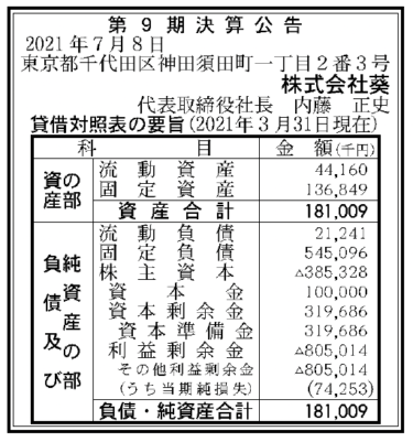 株式会社葵  第9期決算公告　2021/07/08官報