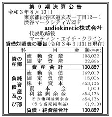 audiokinetic株式会社  第9期決算公告  2021/08/10 官報