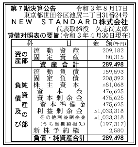 NEW STANDARD株式会社  第7期決算公告　2021/08/17官報