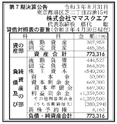 株式会社ママスクエア 第7期決算公告 2021/08/31官報