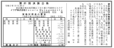 イワデ株式会社Cocoro Managements  第81期決算公告 2021/10/28官報