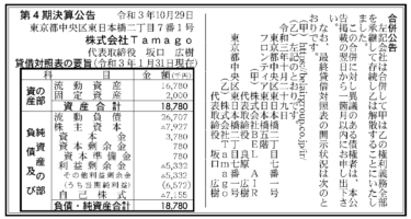 株式会社Tamago 第4期決算公告 2021/10/29官報