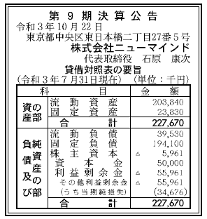 株式会社ニューマインド 第9期決算公告 2021/10/22官報