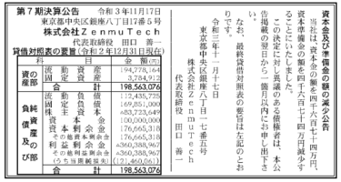 株式会社ZenmuTech 第7期決算公告 2021/11/17官報