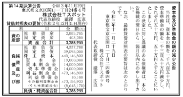 株式会社Tスポット 第14期決算公告 2021/11/29官報