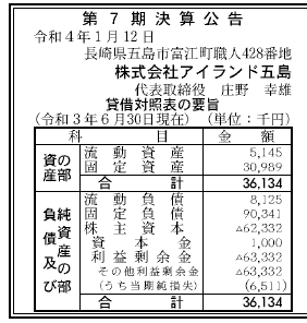 株式会社アイランド五島 第7期決算公告 2022/01/12官報