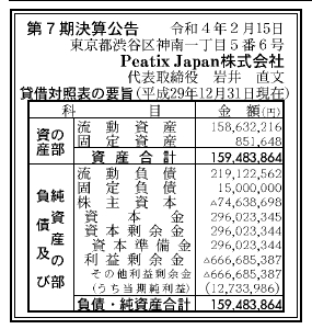 Peatix Japan株式会社 第7期決算公告 2022/02/15官報