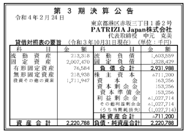 PATRIZIA Japan株式会社 第3期決算公告 2022/02/24官報