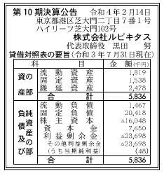 株式会社ルビキタス 第10期決算公告 2022/02/14官報